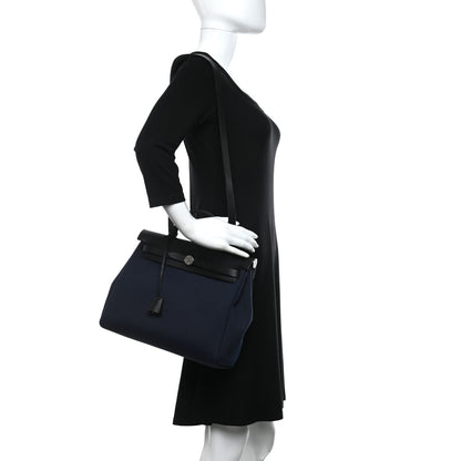 Hermes Military Toile Vache Hunter Herbag Zip Retourne 31 PM Bleu Marine Black 2 of 11