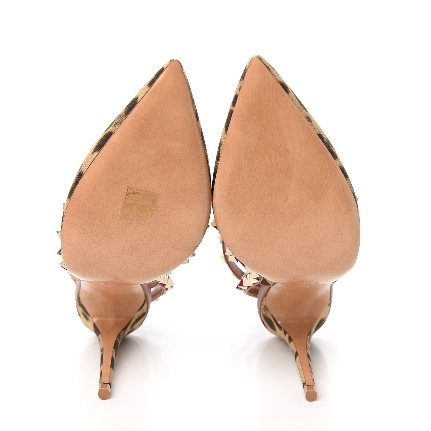 Canvas Leopard Print Rockstud Ankle Strap Pumps 39.5 Tan