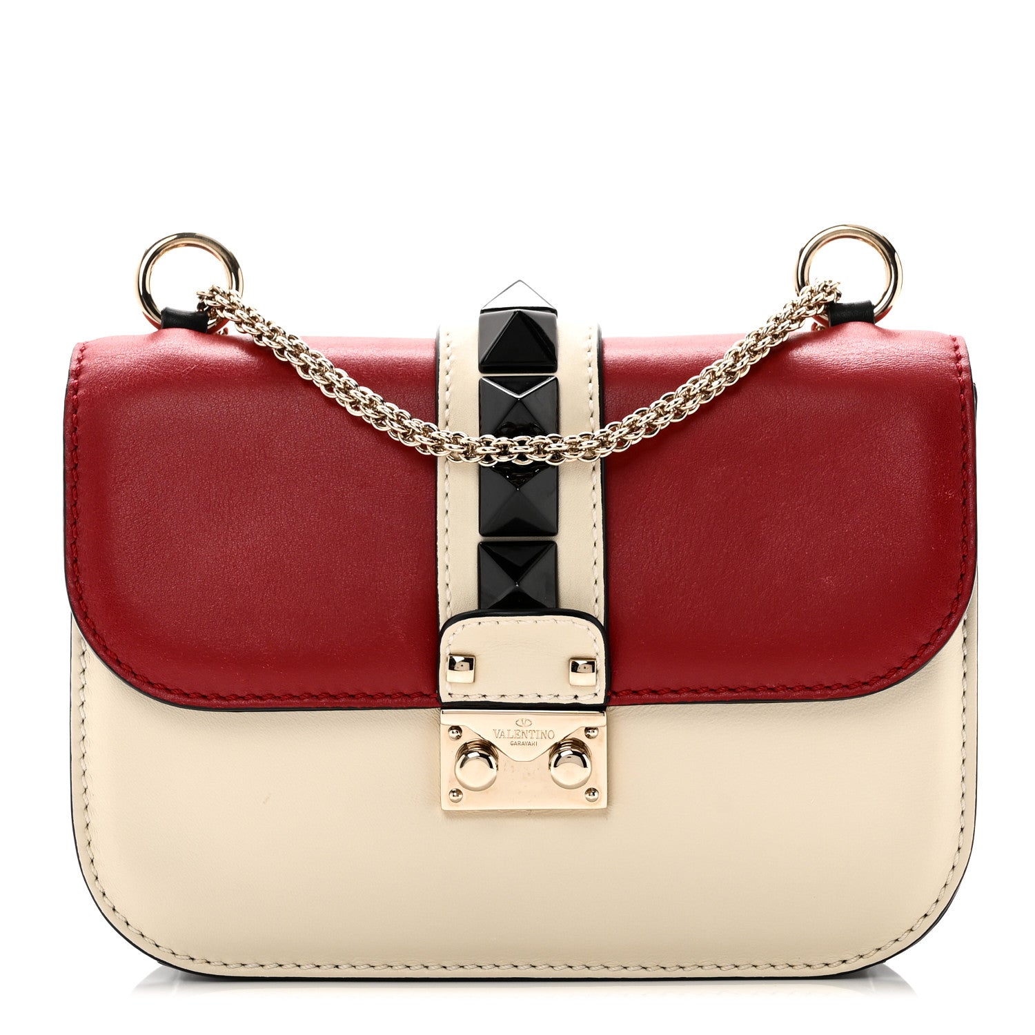 Valentino Garavani Vitello Small Glam Lock Rockstud Flap Red Ivory Black 1 of 9
