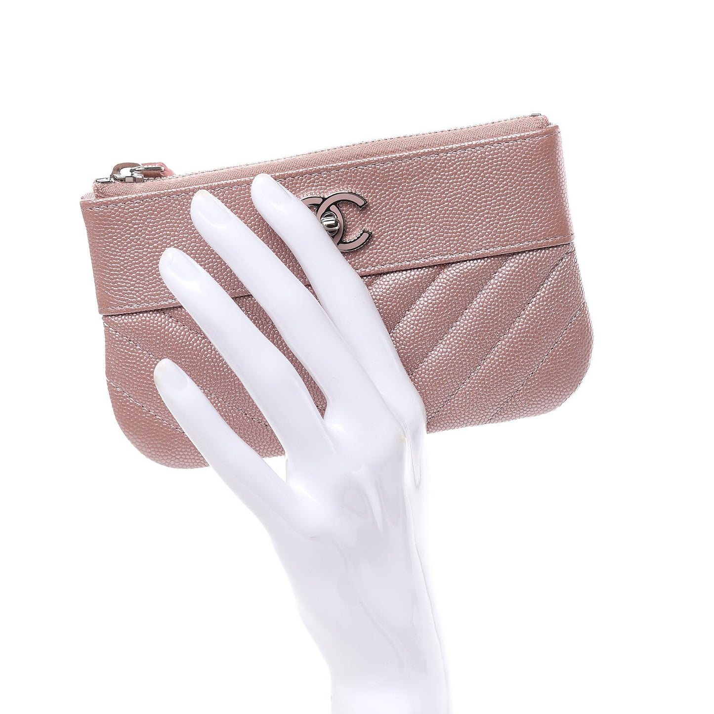 Metallic Caviar Chevron Quilted Small Vintage Mademoiselle Cosmetic Case Pink