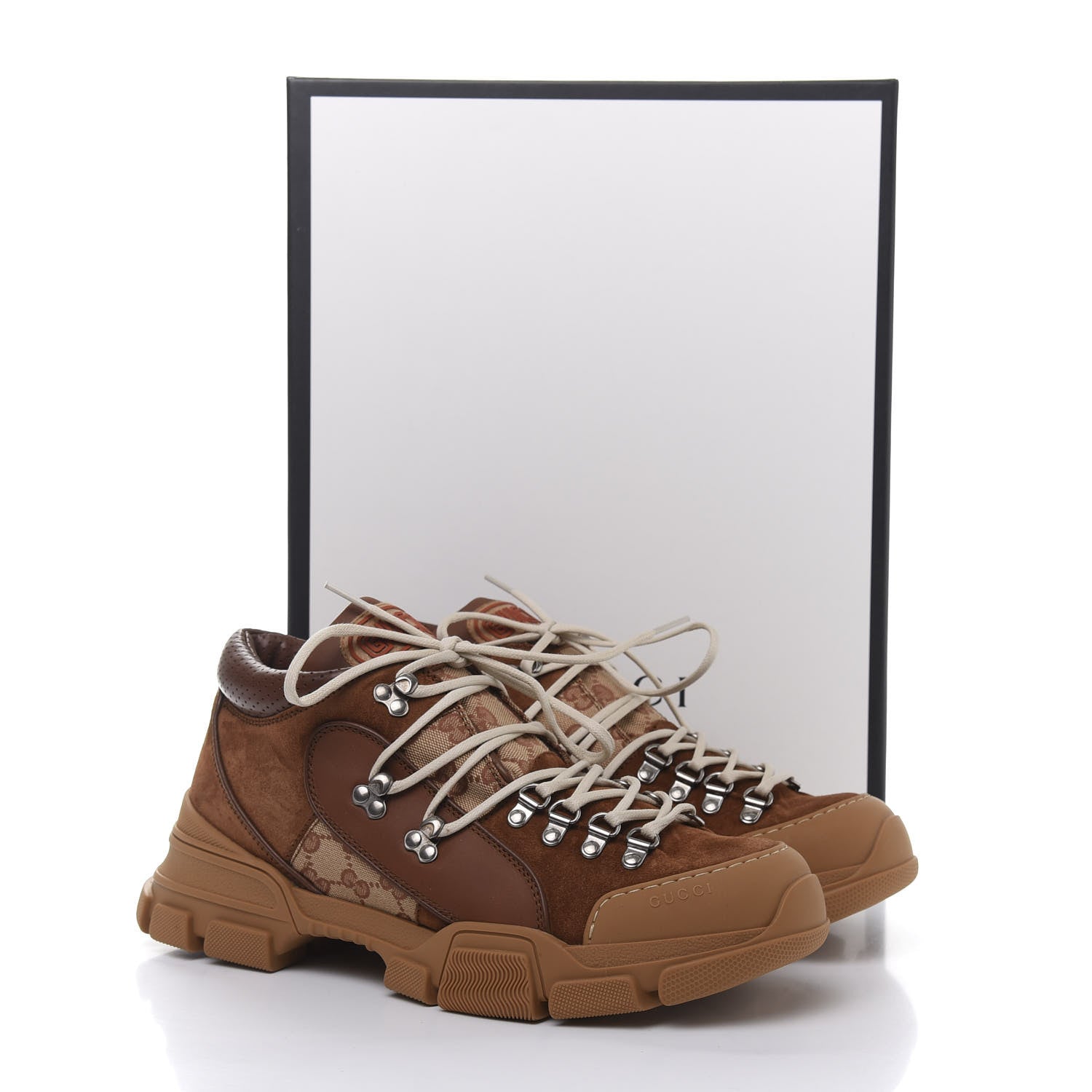 Gucci X SEGA Suede Calfskin GG Monogram Mens Flashtrek Sneakers 10 New Cuir Beige Ruggine 9 of 9