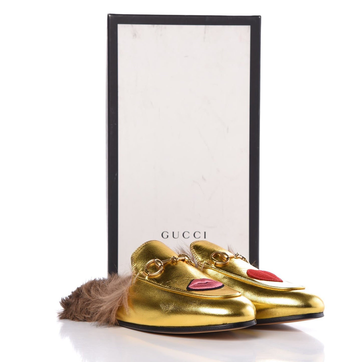 Metallic Nappa Fur Heart and Lips Womens Princetown Slippers 35 Gold
