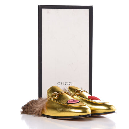 Gucci Metallic Nappa Fur Heart and Lips Womens Princetown Slippers 35 Gold 8 of 8