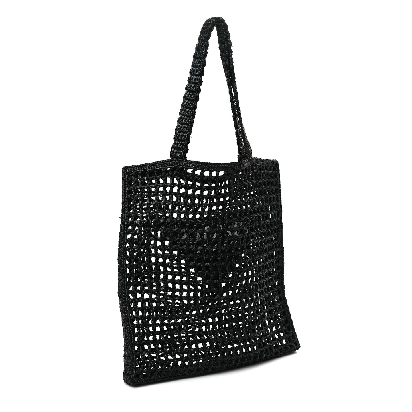 Yarn Raffia Effect Crochet Logo Embroidered Tote Bag Black