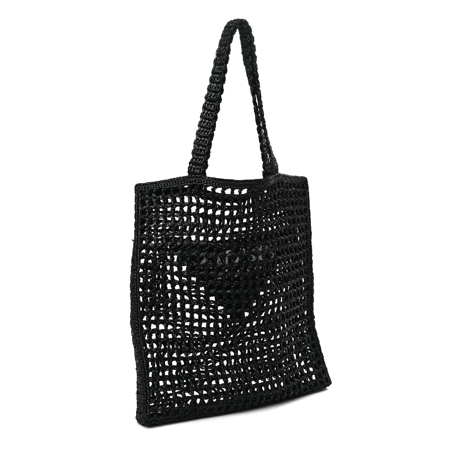 Prada Yarn Raffia Effect Crochet Logo Embroidered Tote Bag Black 3 of 8