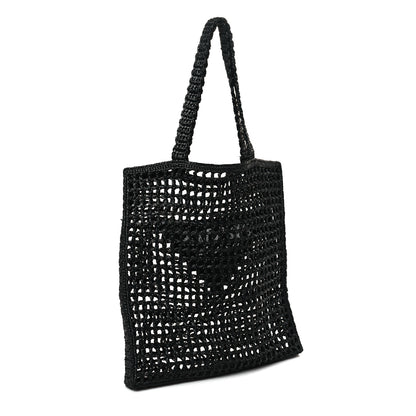 Prada Yarn Raffia Effect Crochet Logo Embroidered Tote Bag Black 3 of 8