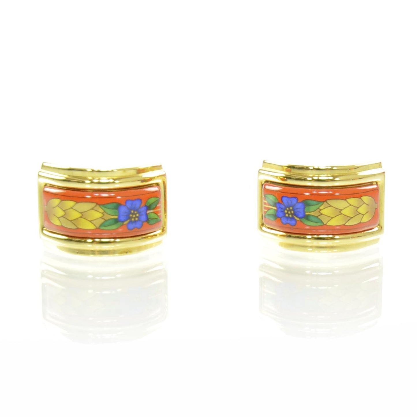 Enamel Floral Huggie Clip On Earrings Gold