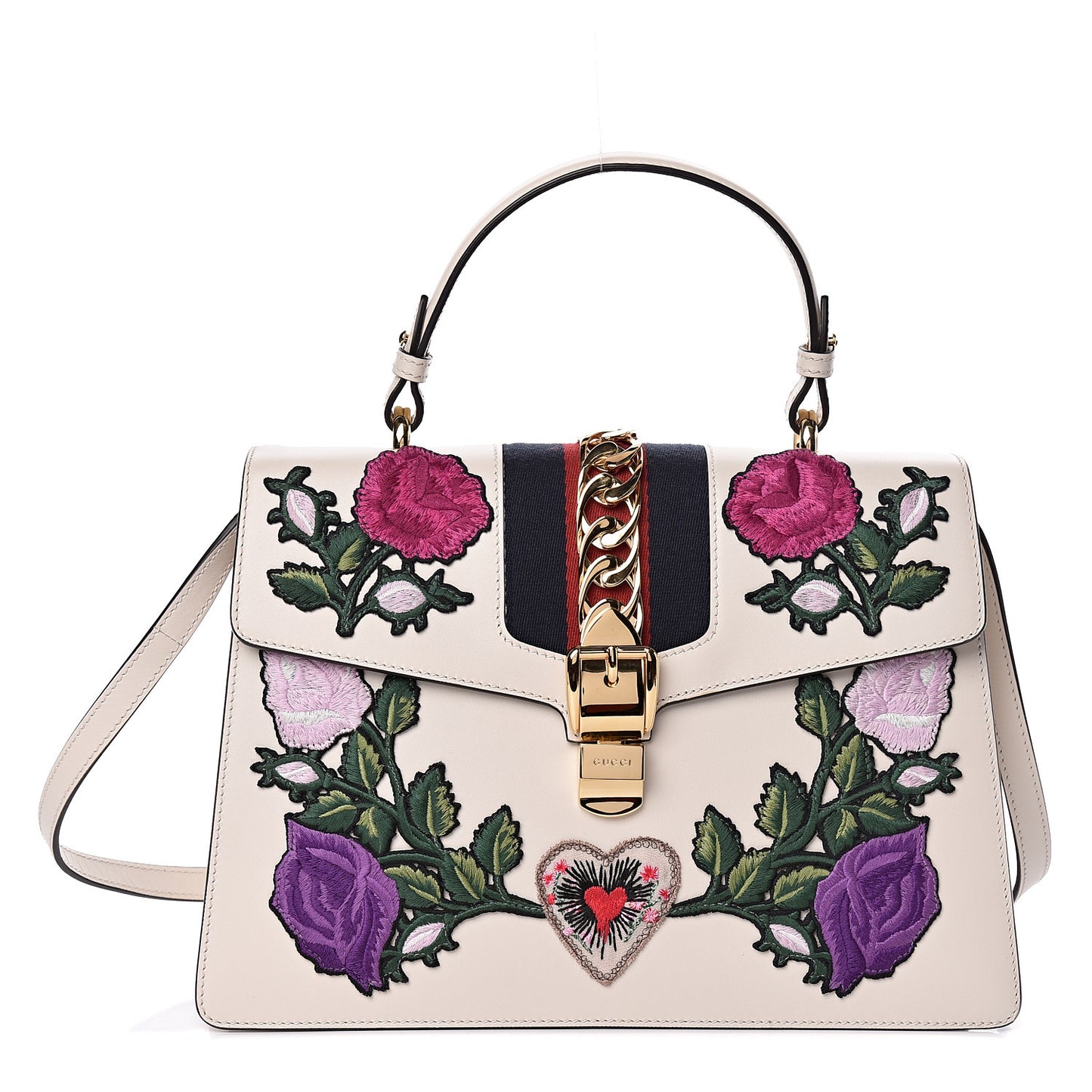 Calfskin Embroidered Medium Sylvie Top Handle Bag White