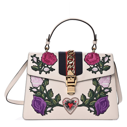 Gucci Calfskin Embroidered Medium Sylvie Top Handle Bag White 1 of 10