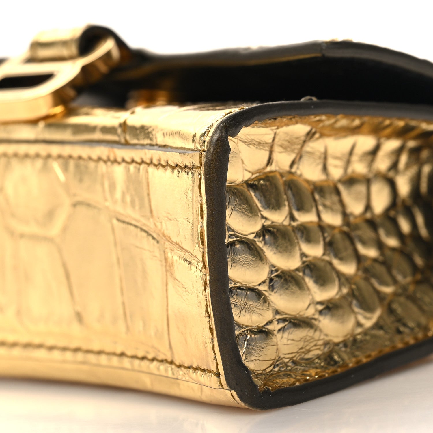 Balenciaga Metallic Calfskin Crocodile Embossed Hourglass Top Handle Bag Mini with Chain Gold 10 of 10