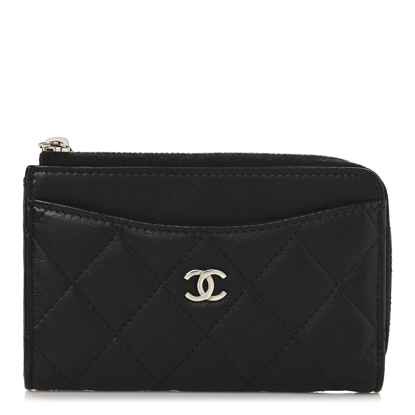 Lambskin Quilted Zip Card Holder Black