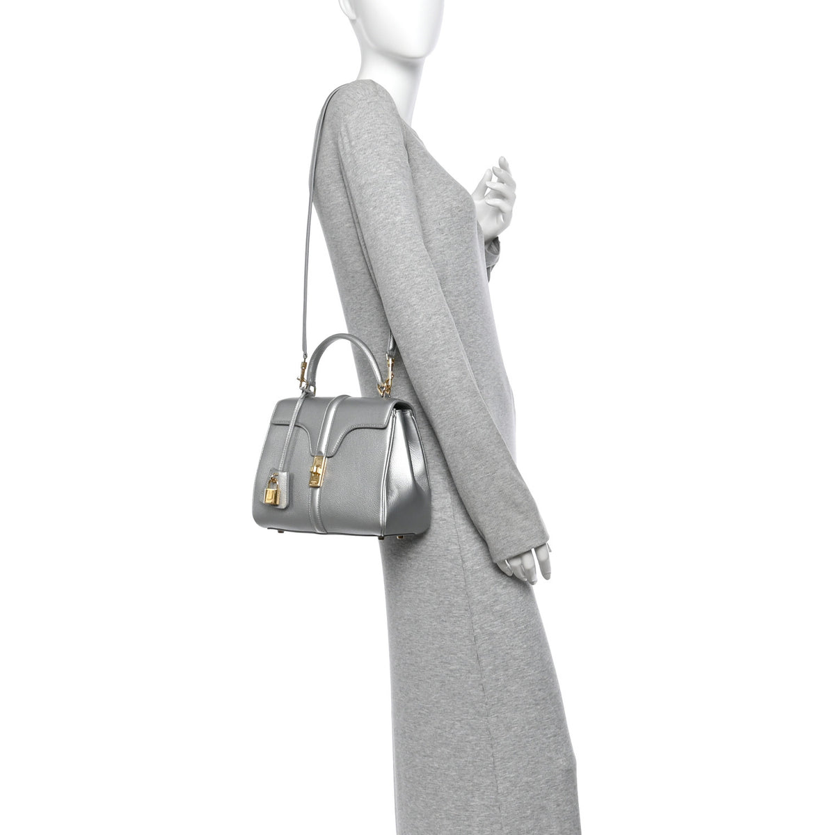 Celine Laminated Grained Calfskin 16 Top Handle Bag Silver 2 of 12
