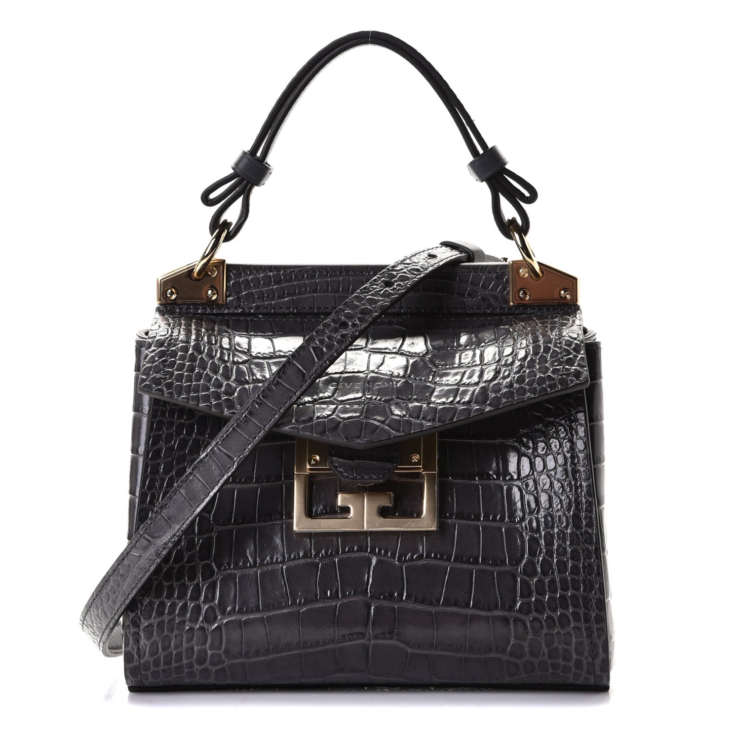 Calfskin Crocodile Embossed Small Mystic Shoulder Bag Storm Grey