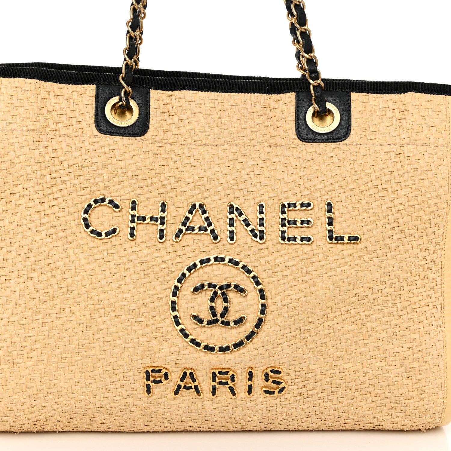 Chanel Straw Raffia Calfskin Chain Small Deauville Tote Beige Black 8 of 11