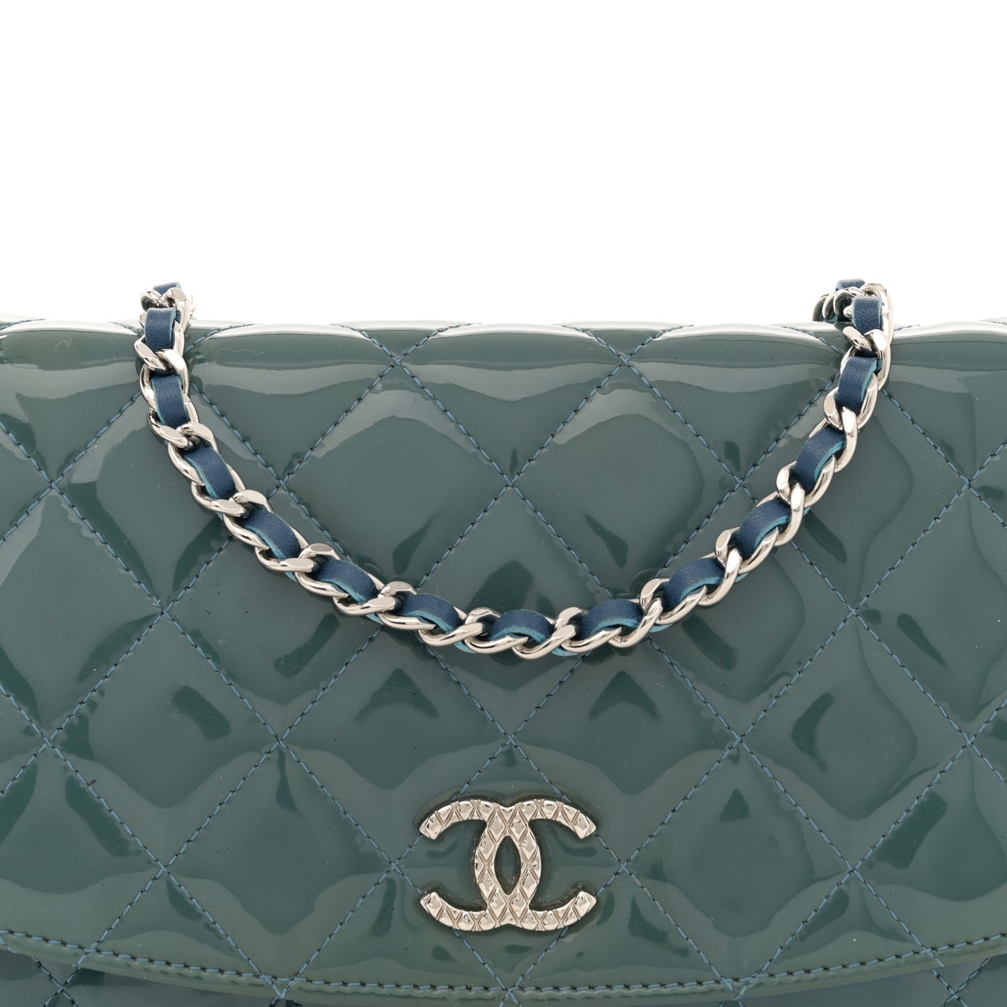 Patent Quilted Brilliant Wallet On Chain WOC Blue