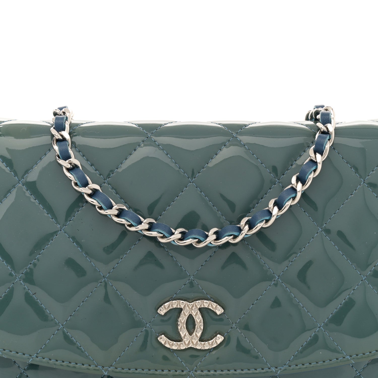 Chanel Patent Quilted Brilliant Wallet On Chain WOC Blue 7 of 13