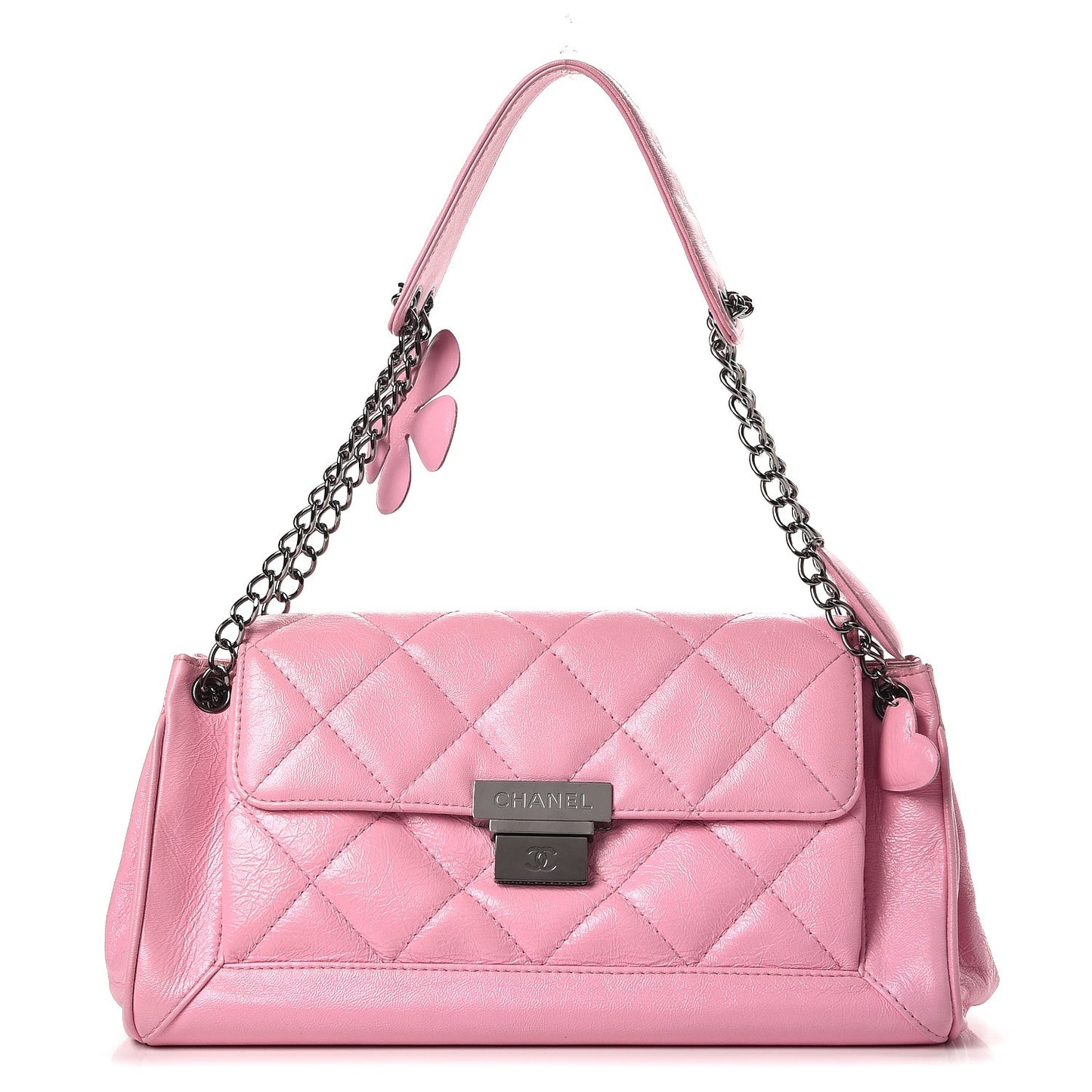 Glazed Calfskin Quilted Lucky Charms East West Accordion Flap Pink