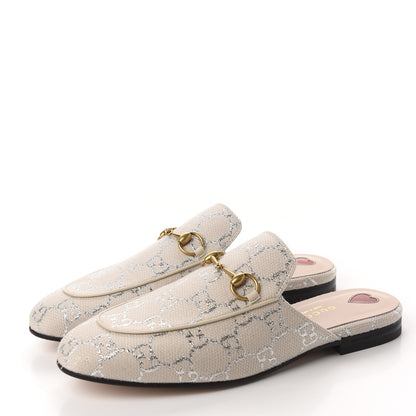 Gucci Canvas Lame GG Monogram Womens Princetown Slippers 38 Gardenia Silver 3 of 10