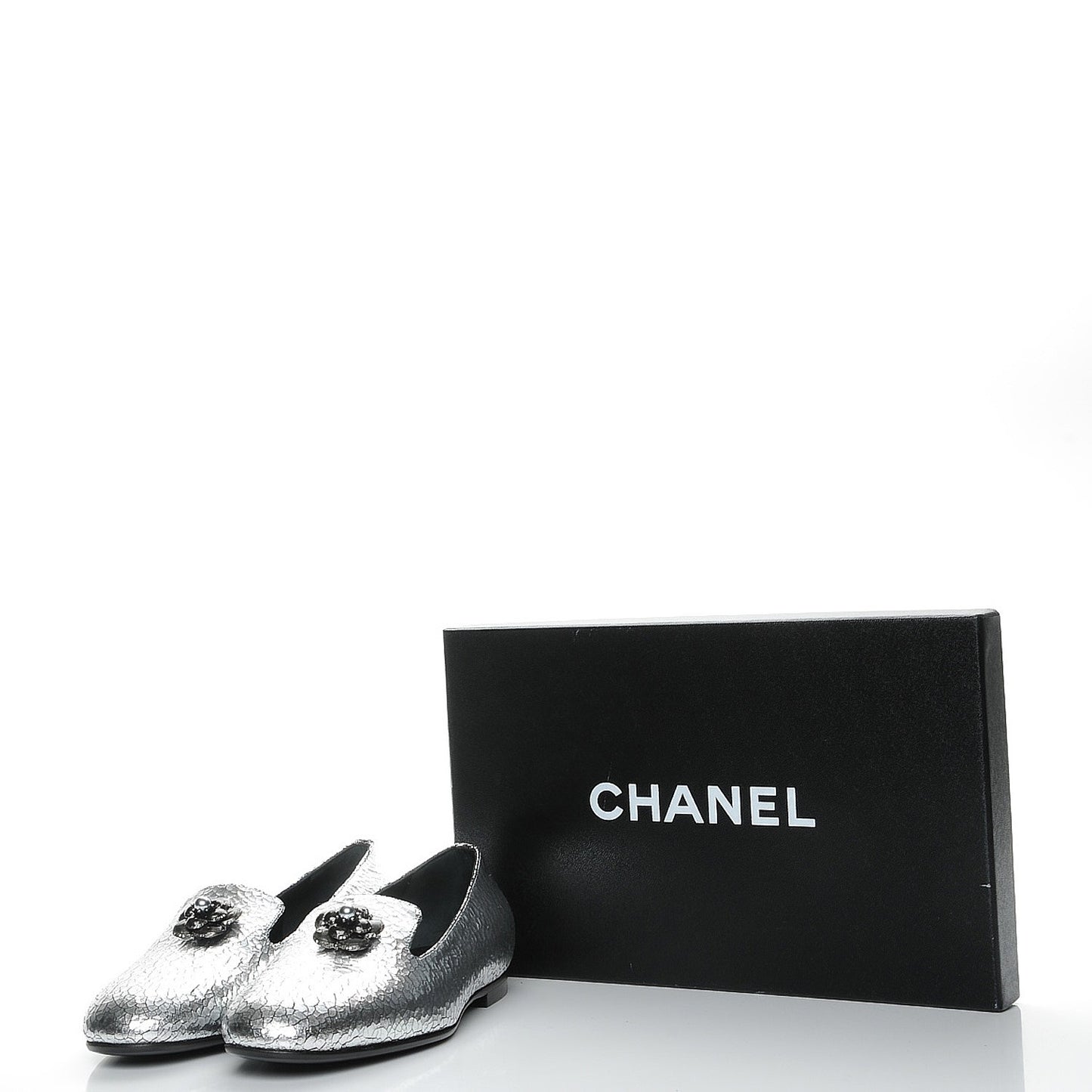 Metallic Crackled Calfskin Camellia Mocassin Loafers 37 Silver