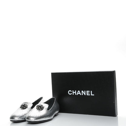 Chanel Metallic Crackled Calfskin Camellia Mocassin Loafers 37 Silver 9 of 9
