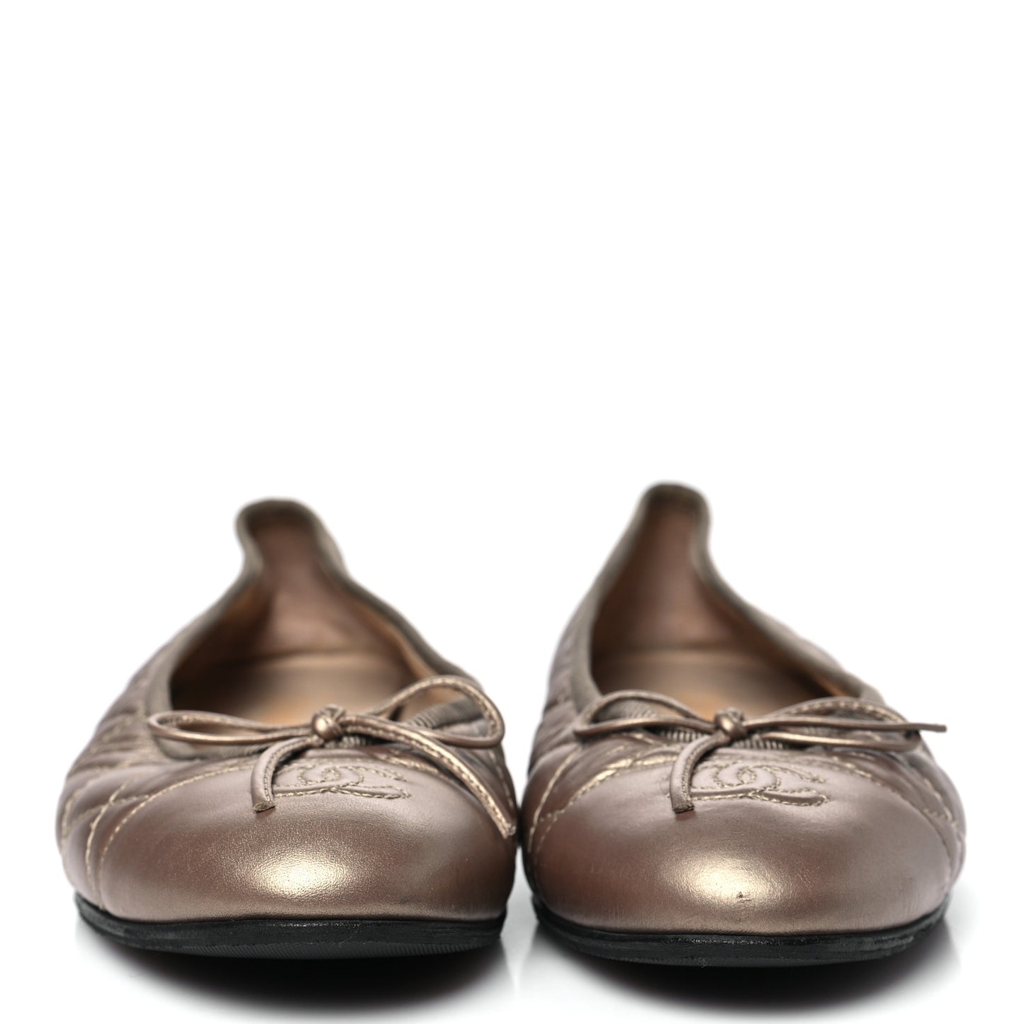 Metallic Aged Calfskin Quilted CC Cap Toe Ballerina Flats 38.5 Light Gold