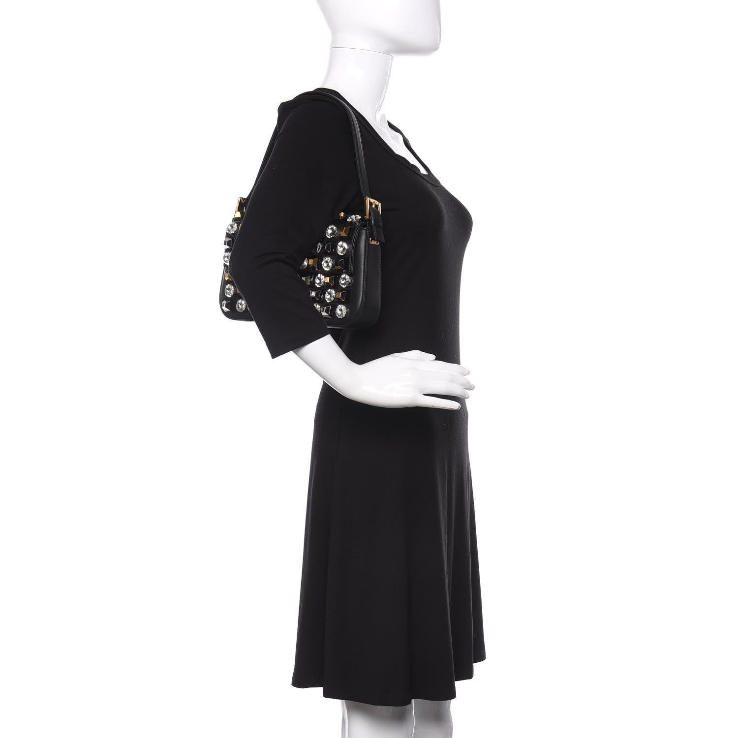 Fendi Vitello Dolce Studded Baguette Black Gold 2 of 9