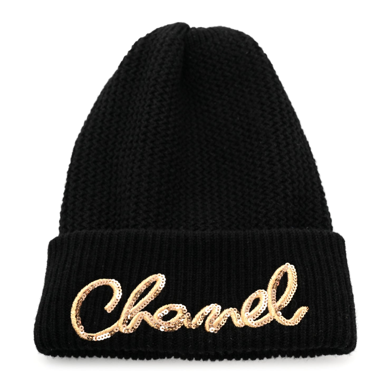 Cashmere Sequin Logo Beanie Hat Black Gold