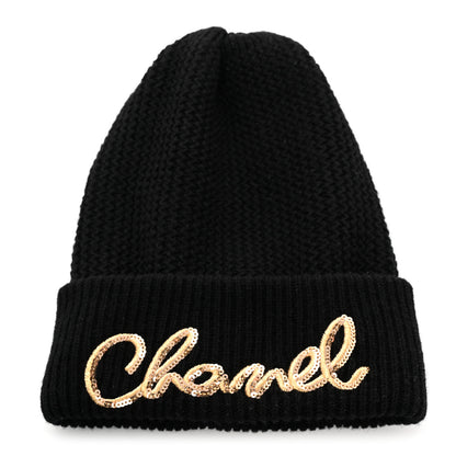 Chanel Cashmere Sequin Logo Beanie Hat Black Gold 1 of 5