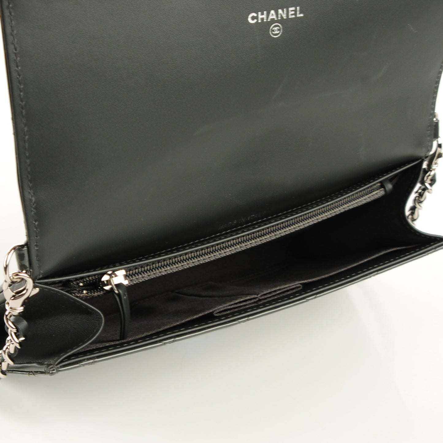 Patent Quilted Wallet On Removable Chain Dark Grey