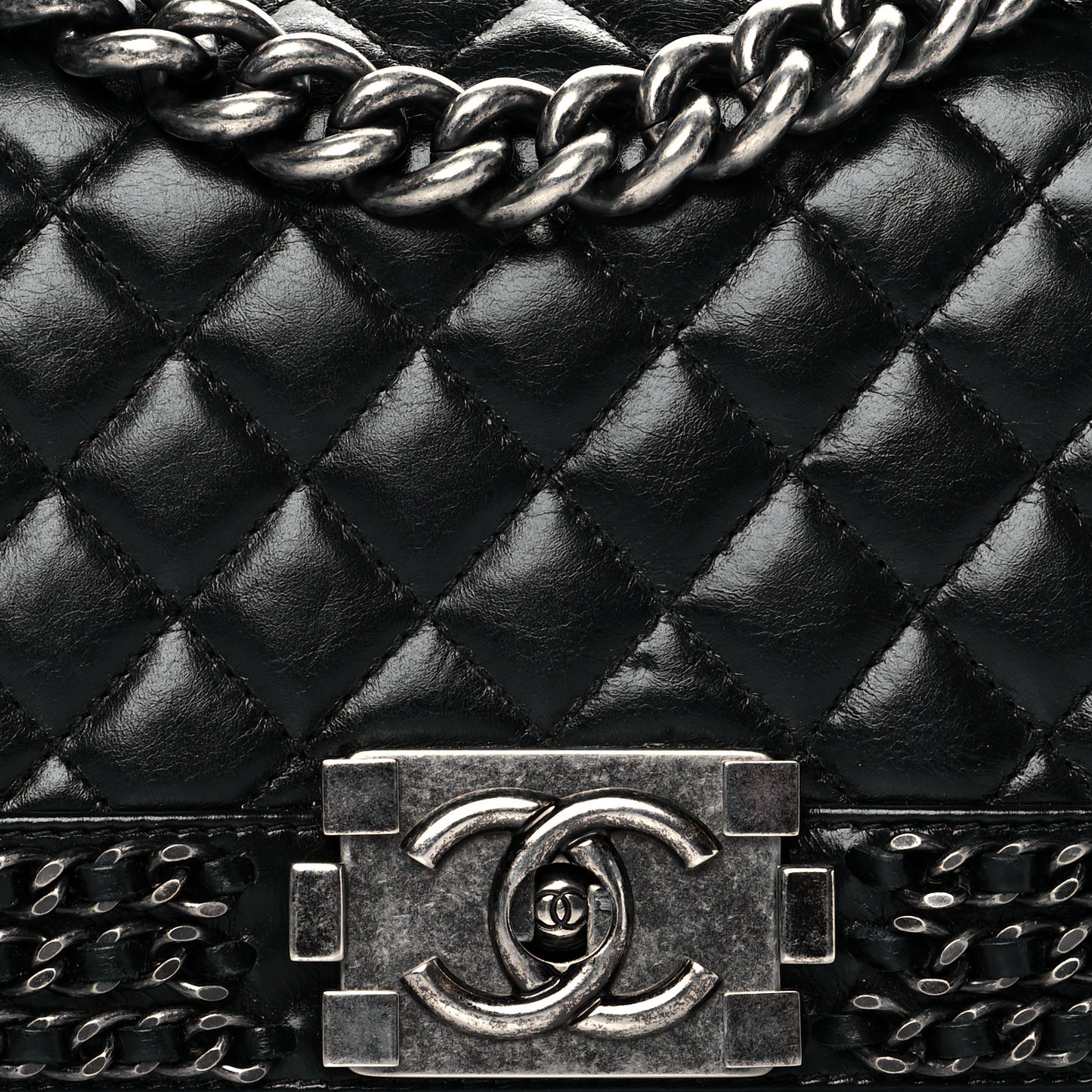 Glazed Calfskin Quilted Small Boy Chained Flap Black