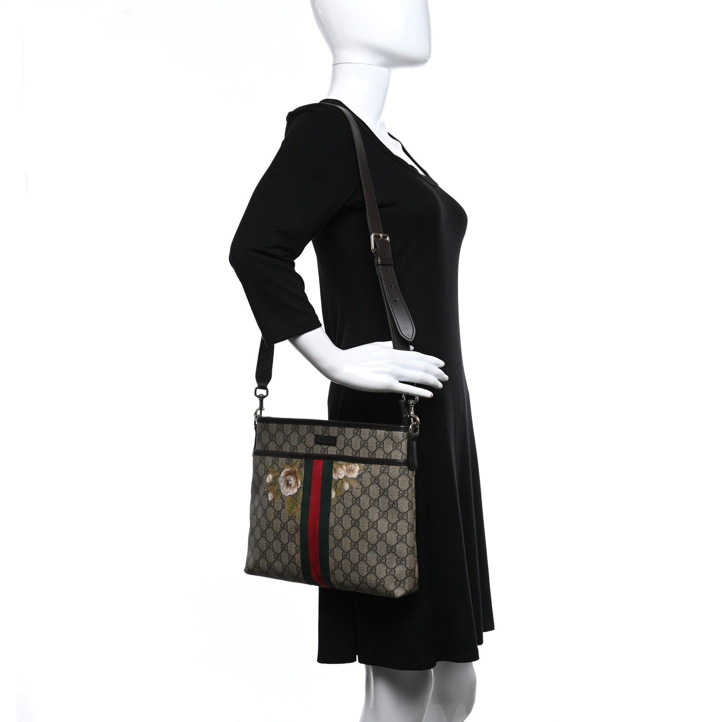 GG Monogram Web Flat Messenger Floral Bag Dark Brown