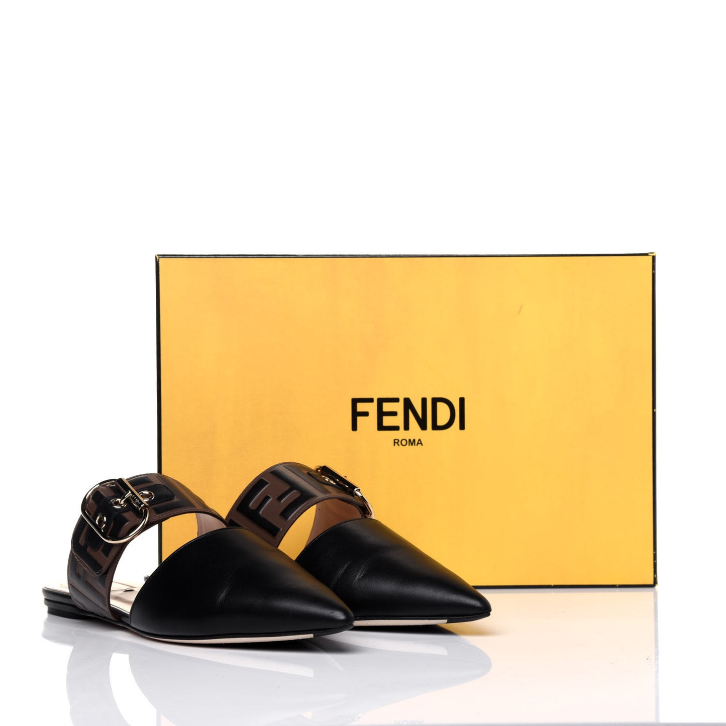 Vitello FF Embossed Buckle Flat Mules 36.5 Maya Black