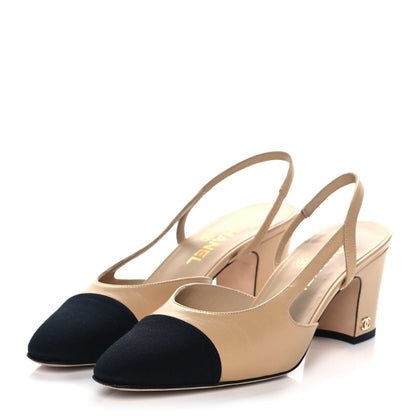Chanel Goatskin Grosgrain Cap Toe CC Slingback Pumps 39 Beige Black 3 of 9