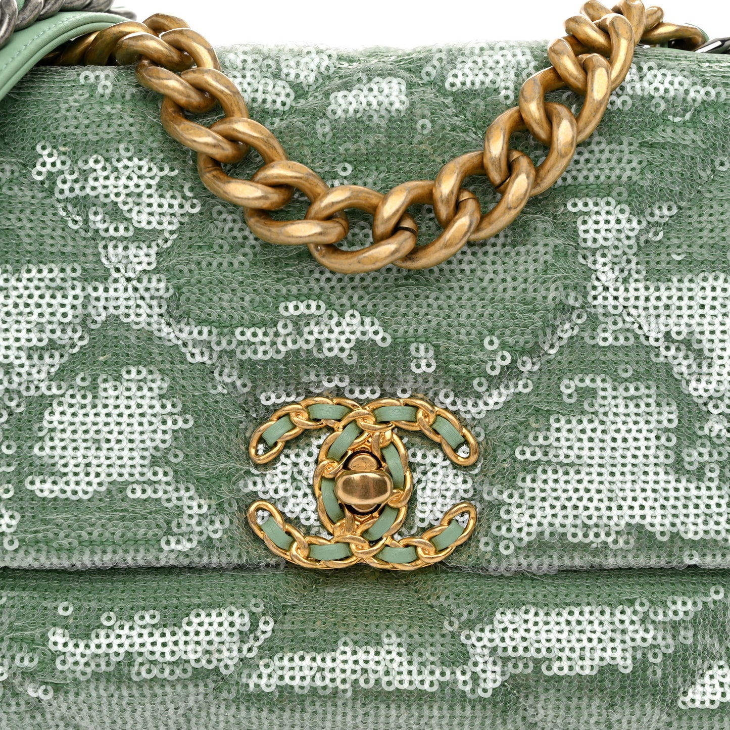 Sequin Quilted Medium Chanel 19 Flap Light Green