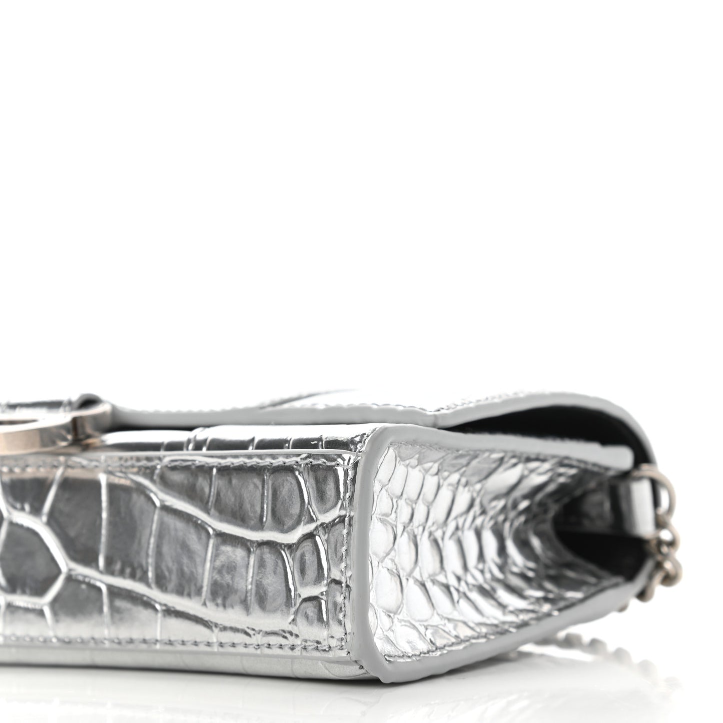 Metallic Calfskin Crocodile Embossed Hourglass Chain Bag Silver
