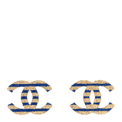 Chanel Resin Striped CC Earrings Blue Gold 1 of 5