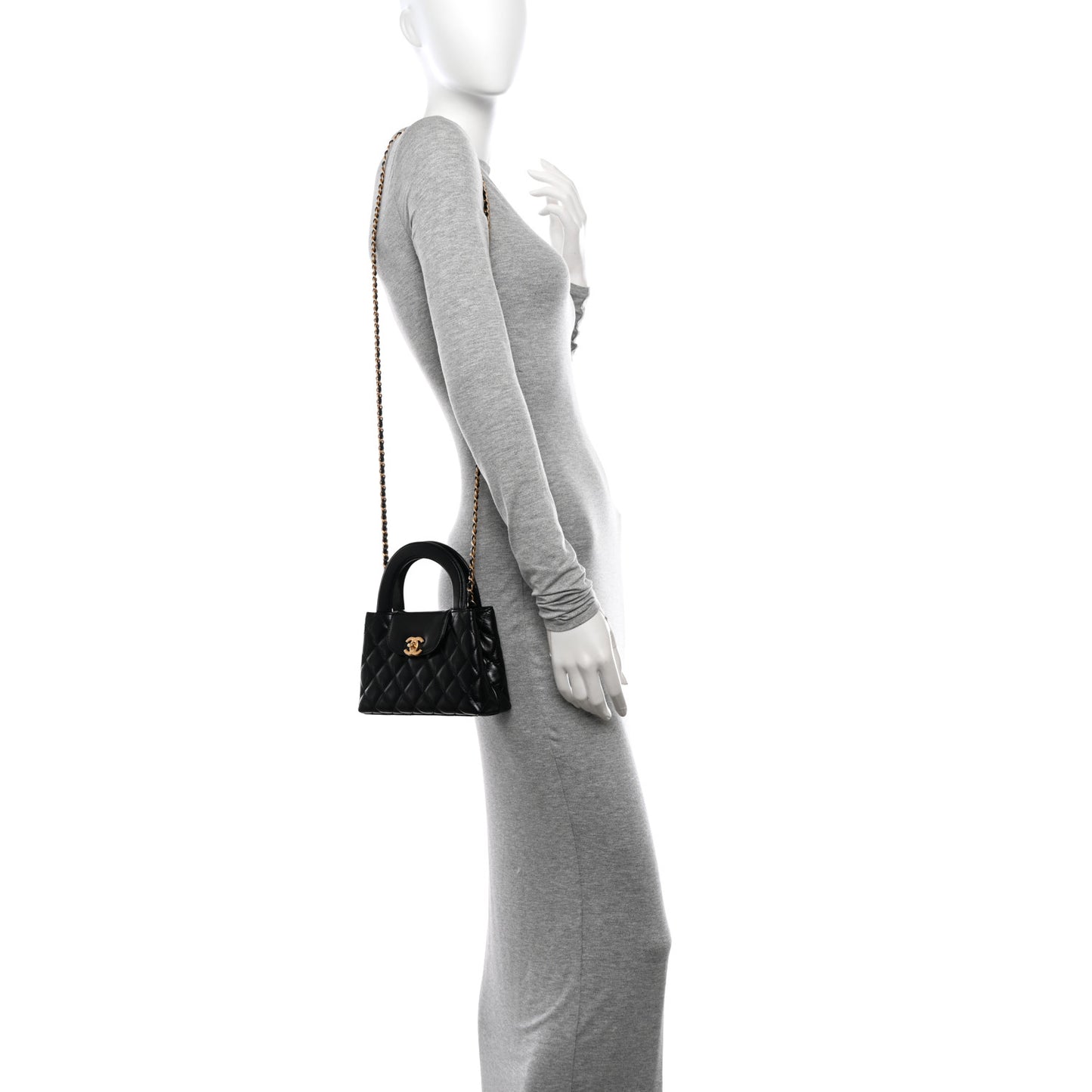Shiny Aged Calfskin Quilted Nano Kelly Shopper Black