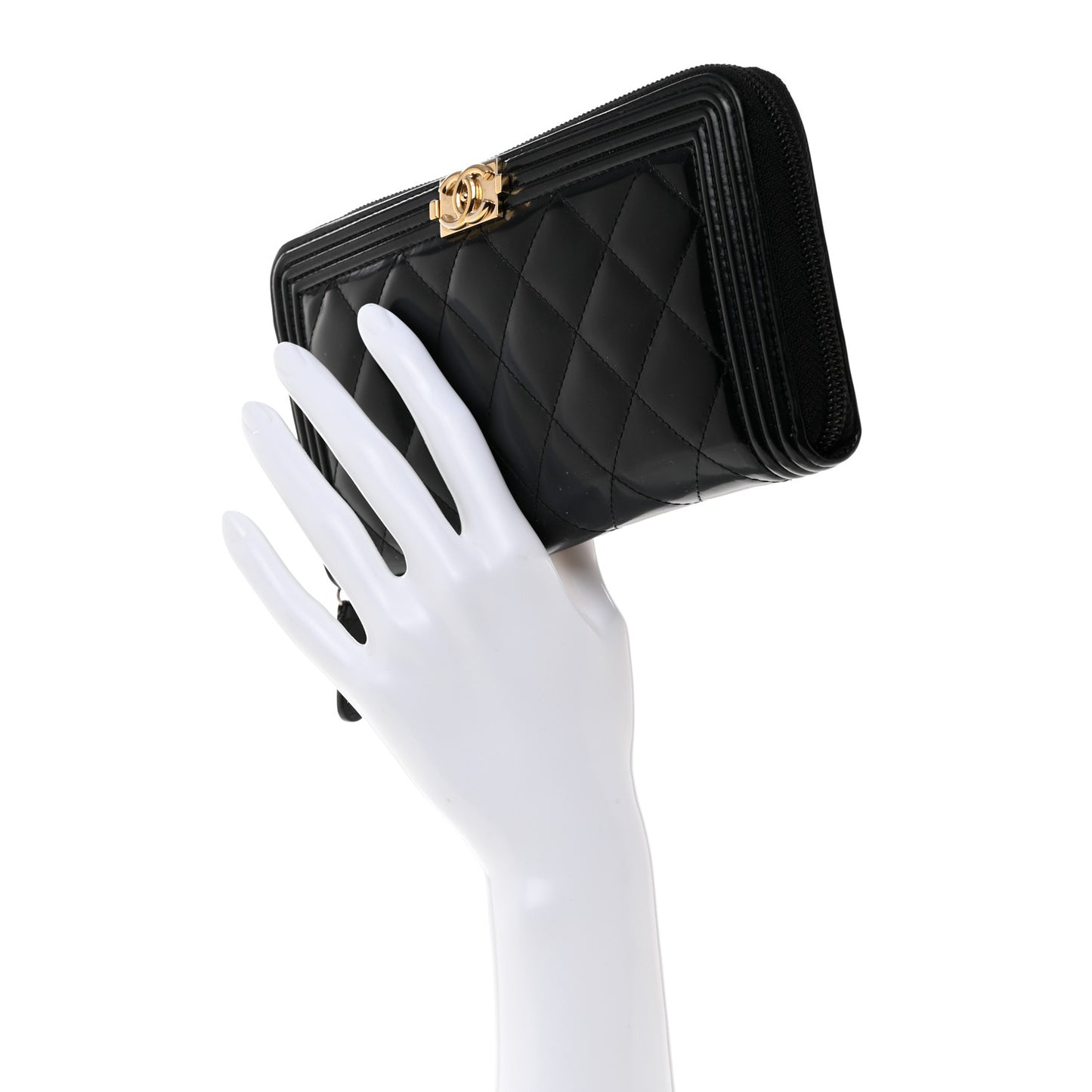 Patent Calfskin Quilted Boy L-Gusset Zip Wallet Black