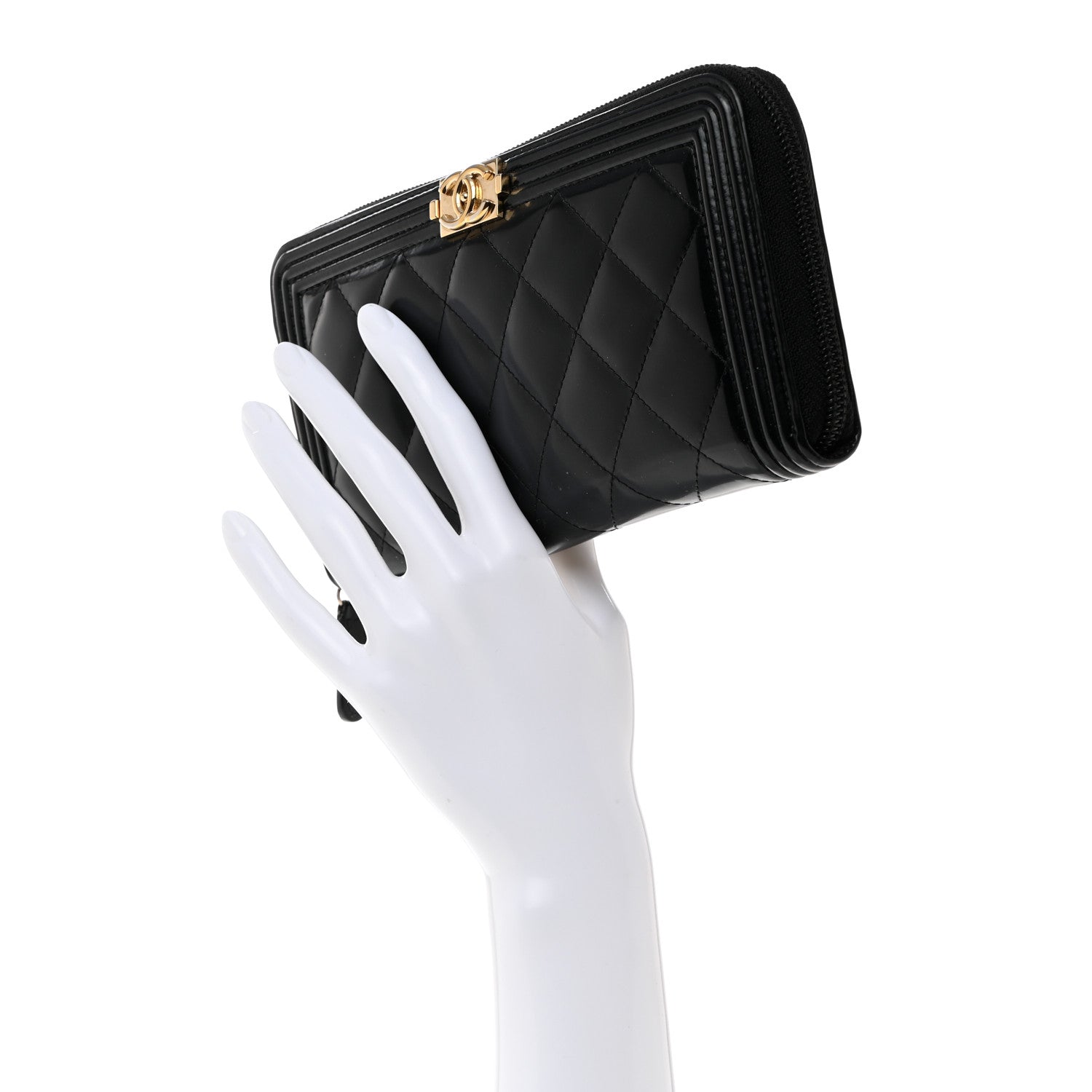 Chanel Patent Calfskin Quilted Boy L-Gusset Zip Wallet Black 2 of 9