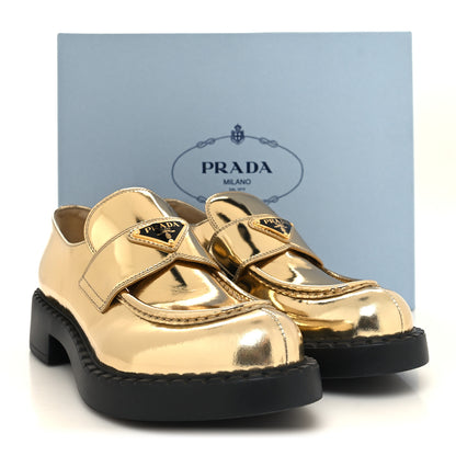 Prada Metallic Brushed Calfskin Metal Triangle Logo 50mm Loafers 41 Platino 9 of 9