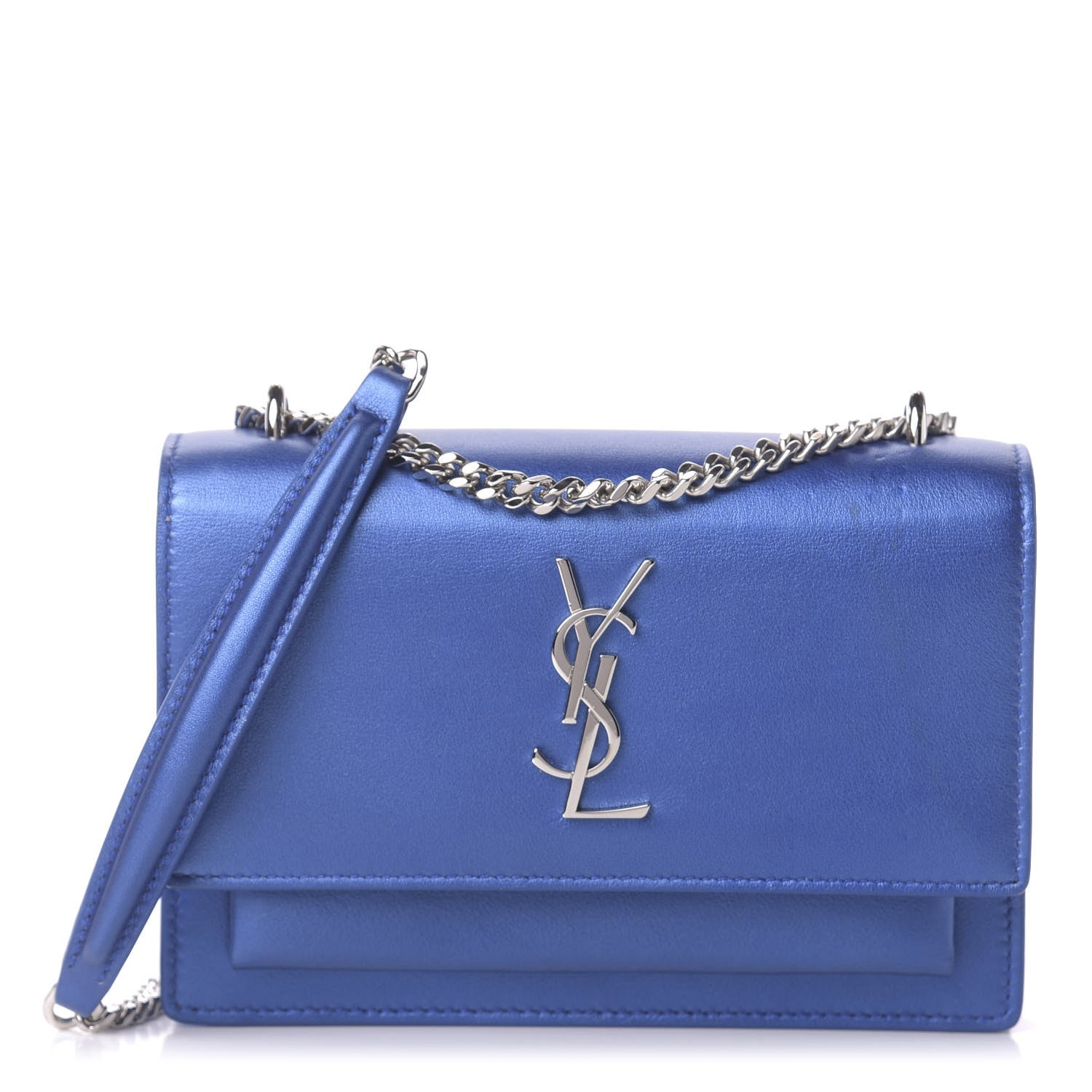 Saint Laurent Metallic Calfskin Monogram Sunset Chain Wallet Blue Royal 1 of 13