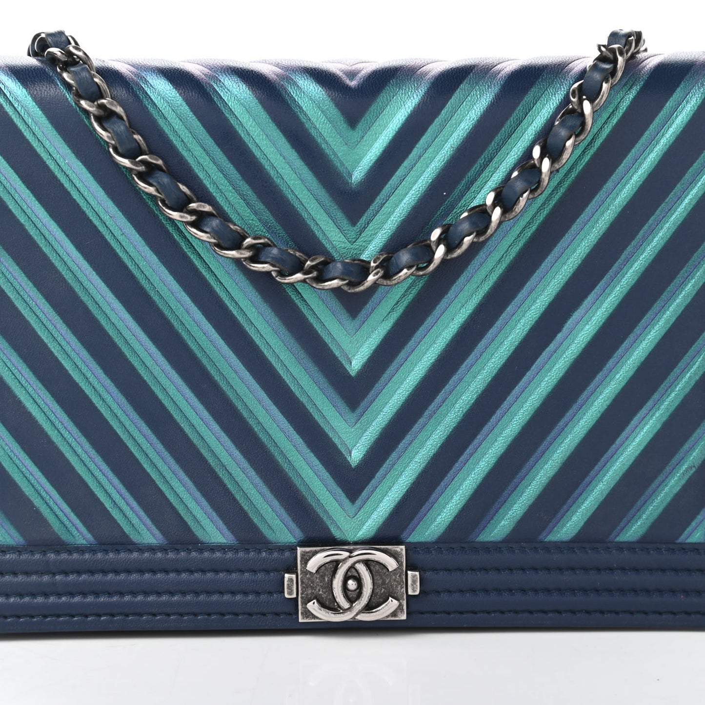 Calfskin Painted Chevron Embossed Boy Wallet On Chain WOC Navy