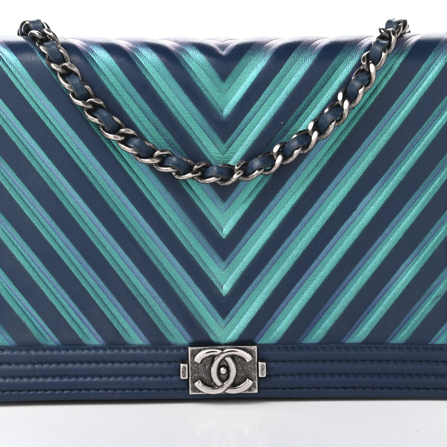Chanel Calfskin Painted Chevron Embossed Boy Wallet On Chain WOC Navy 11 of 13