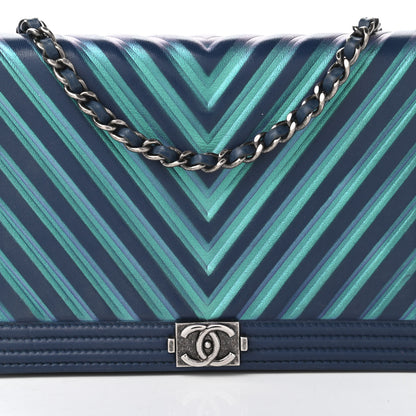 Chanel Calfskin Painted Chevron Embossed Boy Wallet On Chain WOC Navy 11 of 13