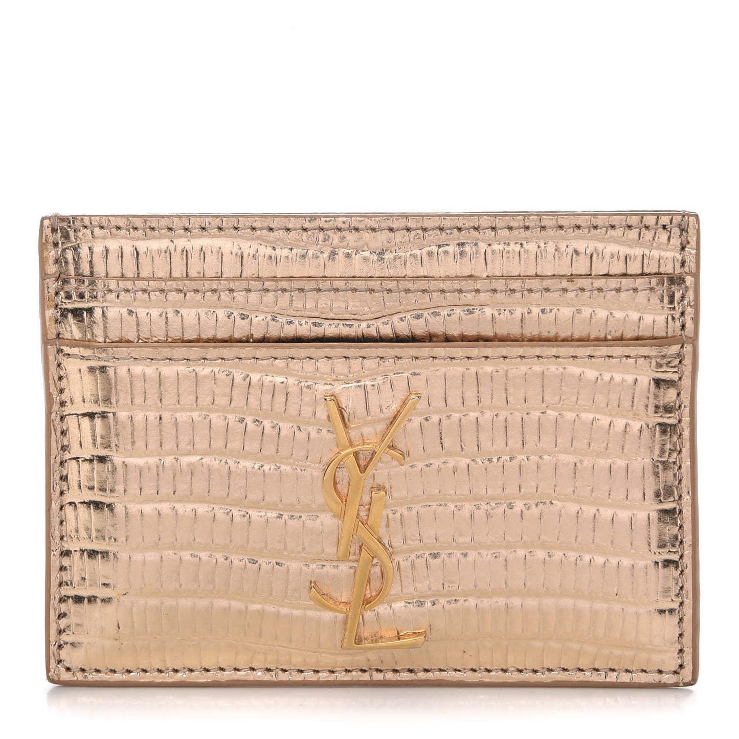 Metallic Lizard Calfskin Embossed Card Case Gold