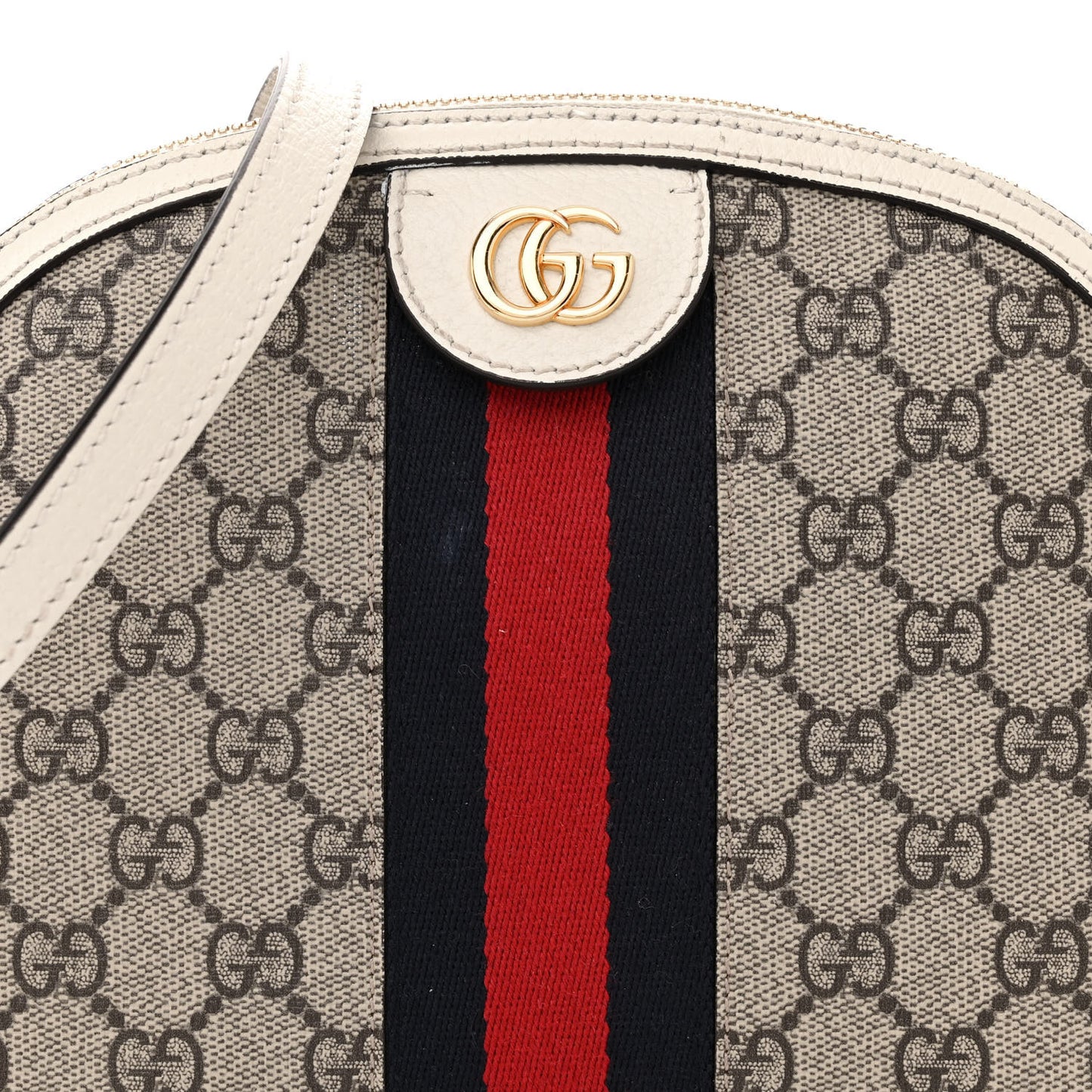 GG Supreme Monogram Textured Dollar Calfskin Web Small Ophidia Dome Shoulder Bag Beige Ebony Mystic White