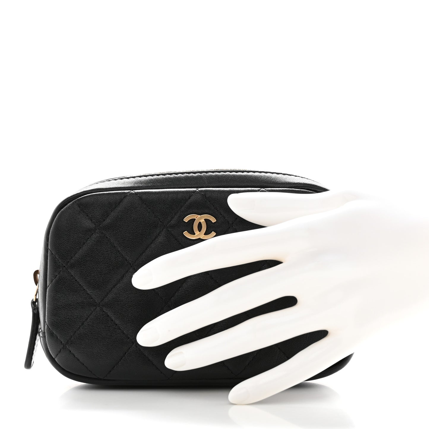 Lambskin Quilted Small Curvy Pouch Cosmetic Case Black