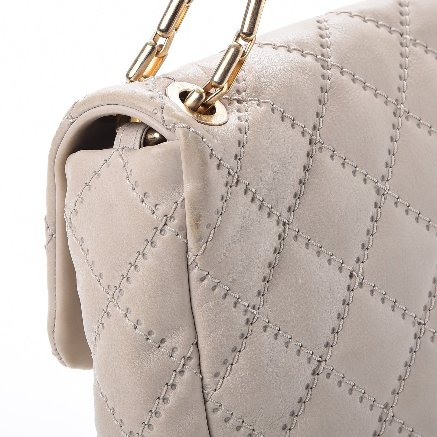 Calfskin Quilted Retro Chain Flap Beige