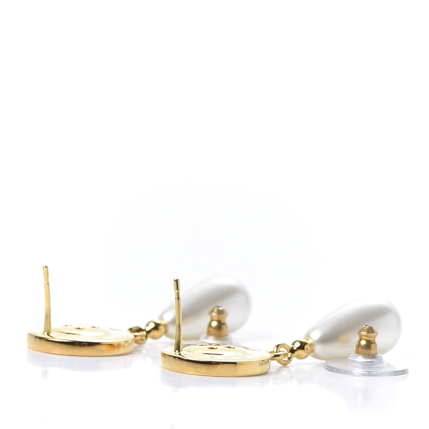Chanel Metal Pearl Paris Button Drop Earrings Gold 3 of 5