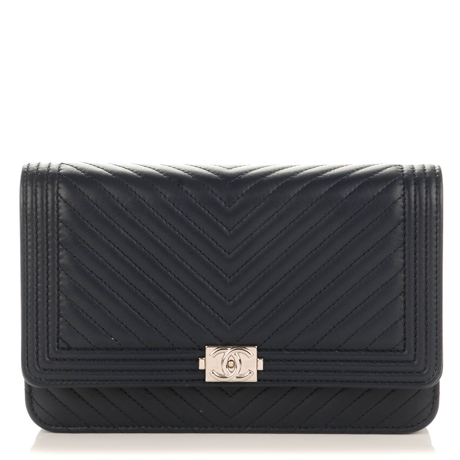 Chanel Calfskin Chevron Quilted Boy Wallet On Chain WOC Navy Blue 1 of 8